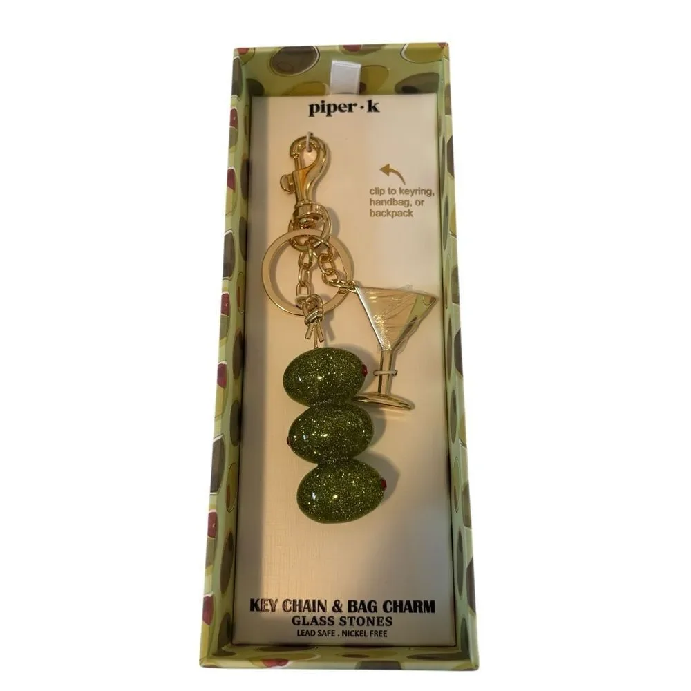 Piper.k Gold Tone & Sparkly Green Glass Martini Themed Key Chain & Bag Charm.